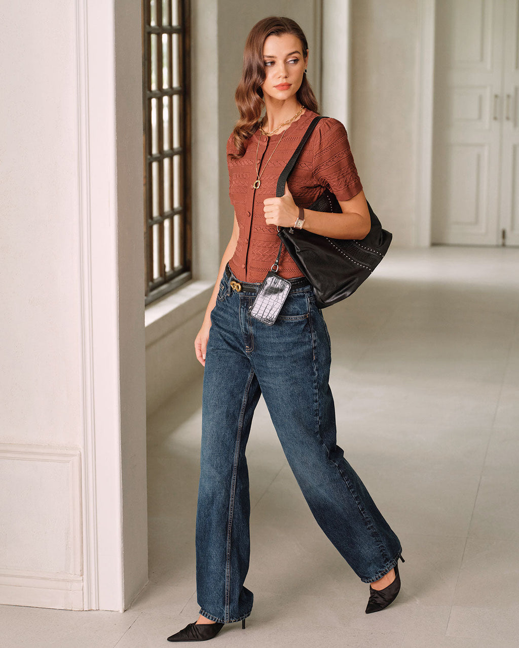 Red Puffed Sleeve Knit Cardigan