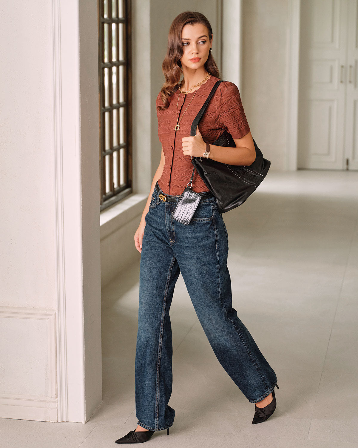 Red Puffed Sleeve Knit Cardigan