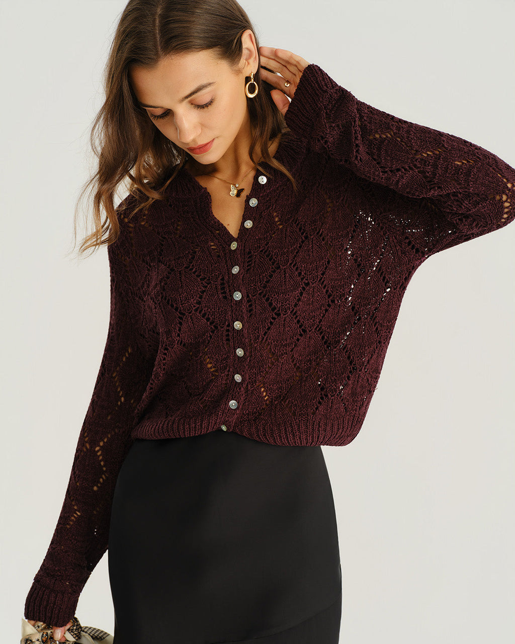 Wine Red Single Breasted Knit Cardigan