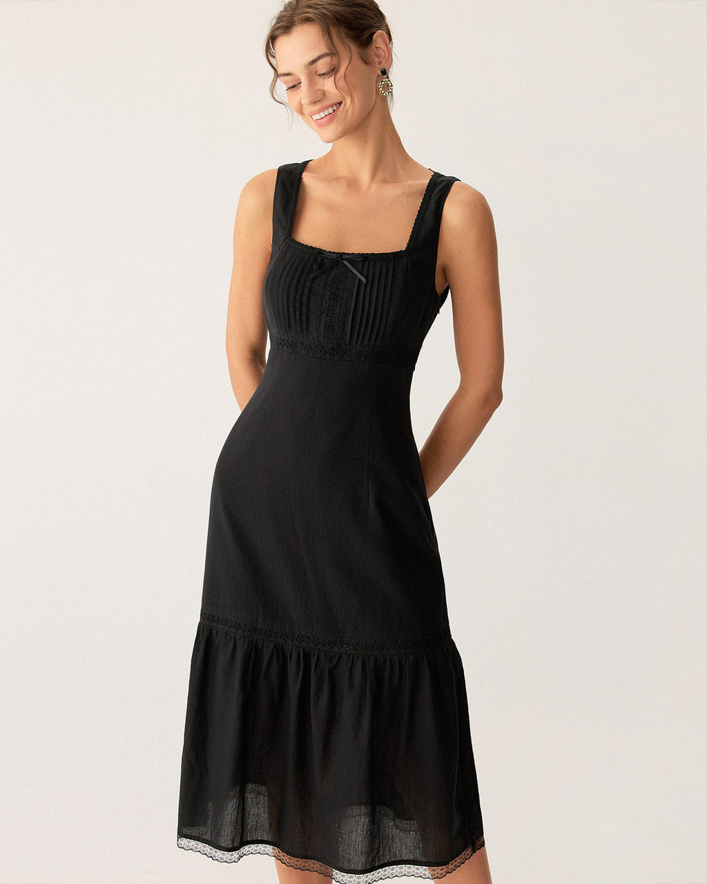 Black Square Neck Ruched Slip Midi Dress