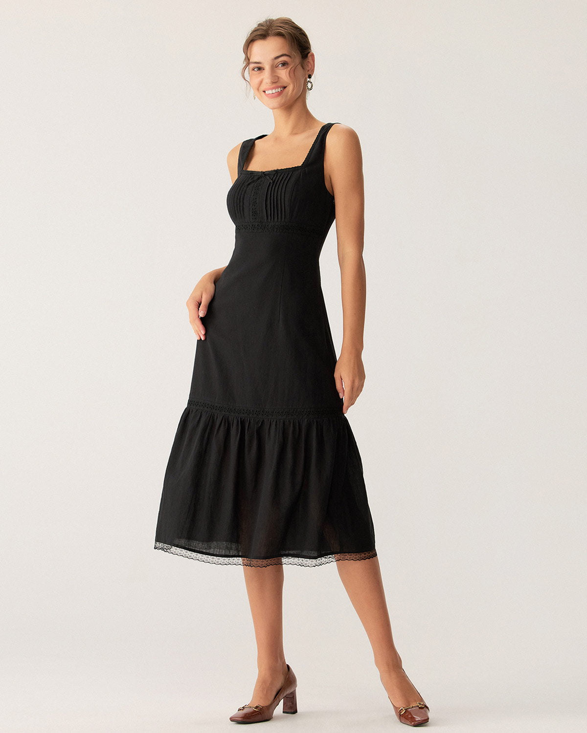 Black Square Neck Ruched Slip Midi Dress