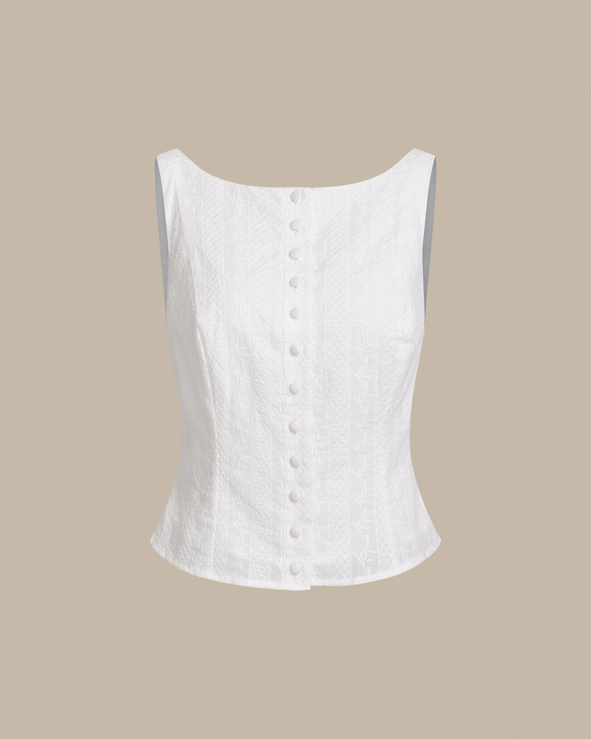 White Textured Boat Neck Button Vest