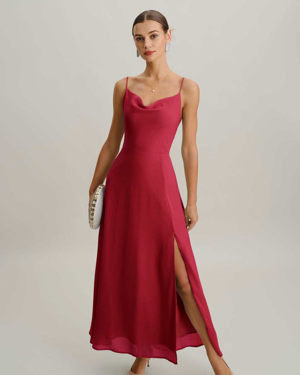 Wine Red Cowl Neck Slip Maxi Dress
