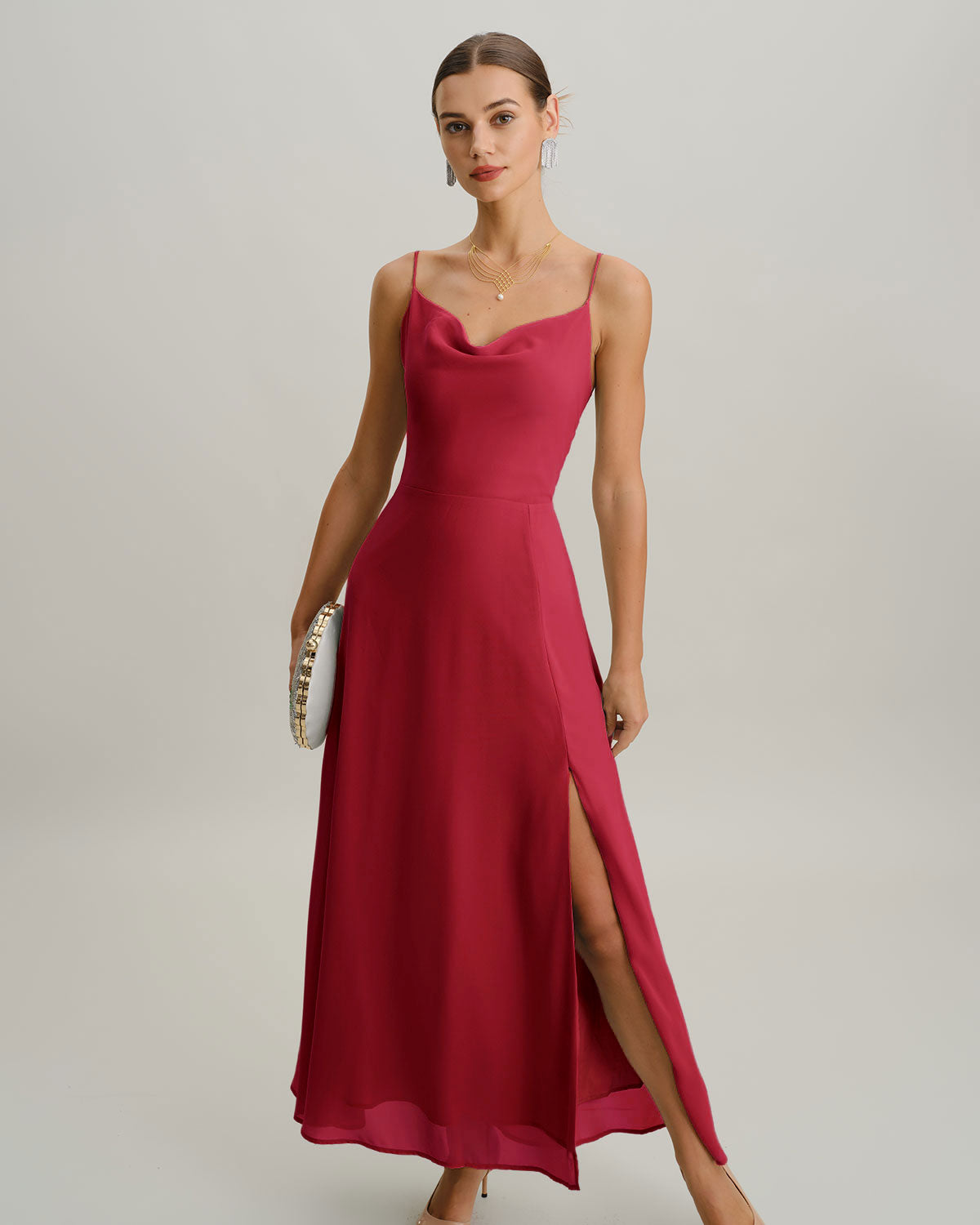 Wine Red Cowl Neck Slip Maxi Dress
