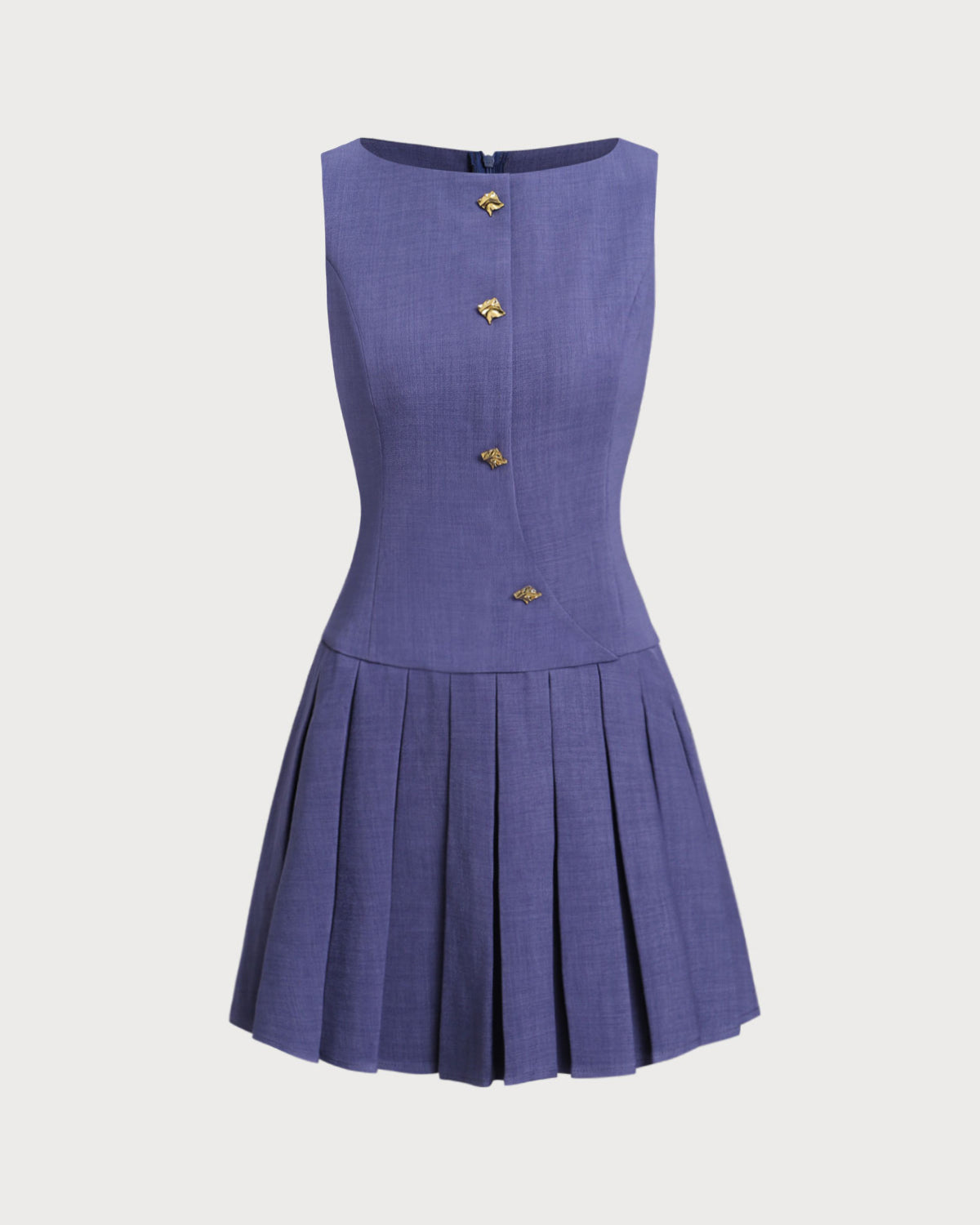 Blue Boat Neck Button Sleeveless Mini Dress