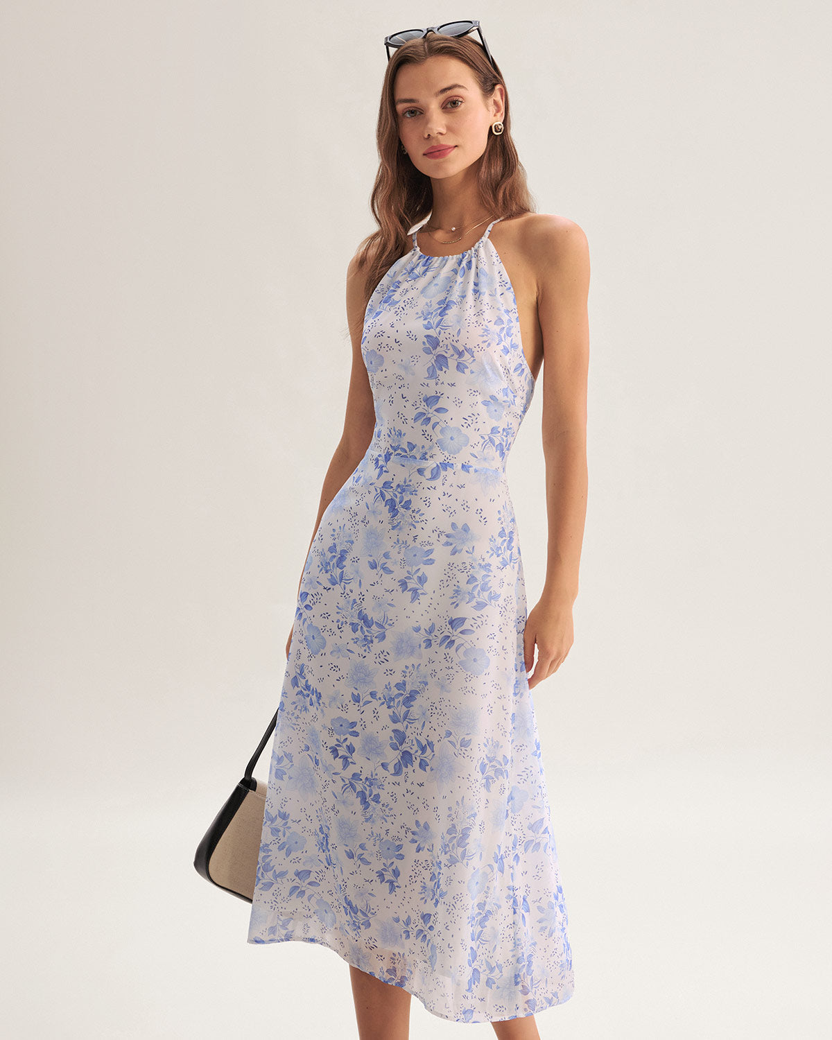 Blue Floral Halter Midi Dress