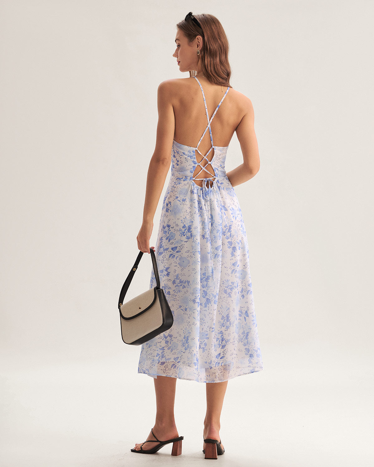Blue Floral Halter Midi Dress