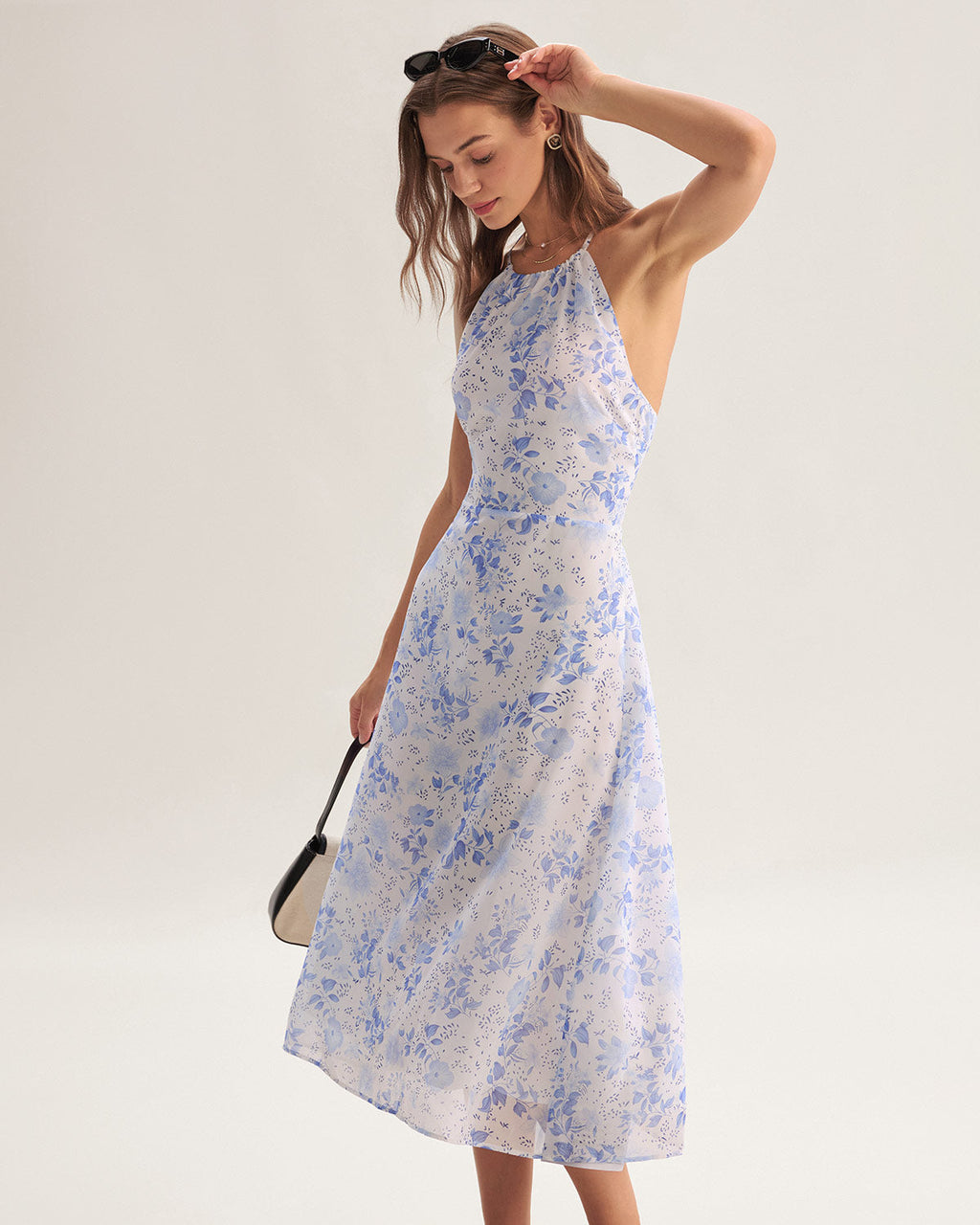 Blue Floral Halter Midi Dress