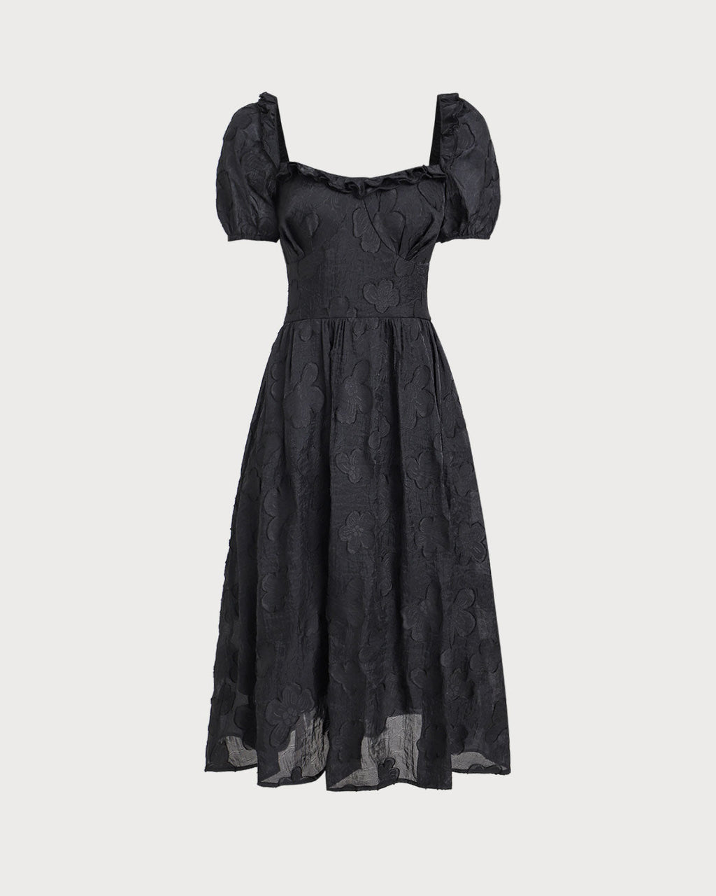 Black Square Neck Puffed Sleeve Midi Dress