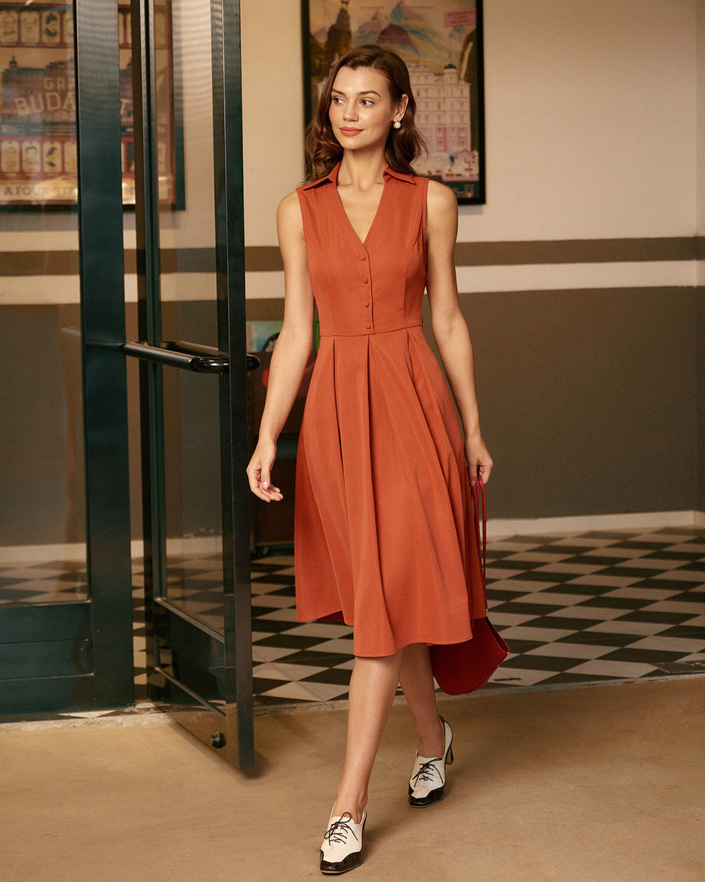 Red Button Sleeveless Midi Dress
