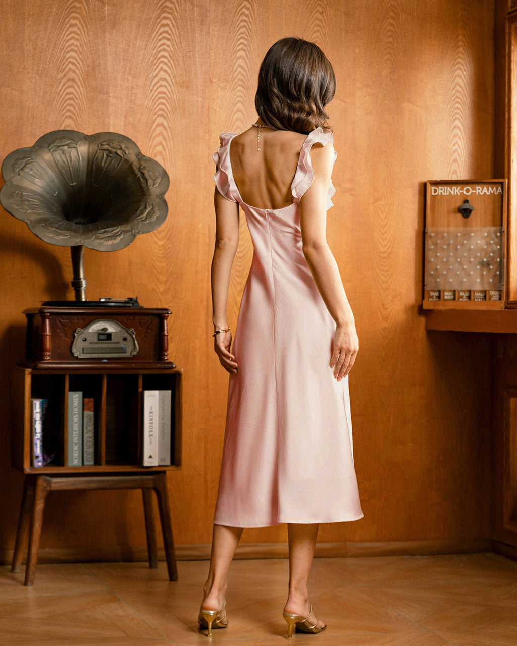 Pink Square Neck Ruffle Satin Midi Dress