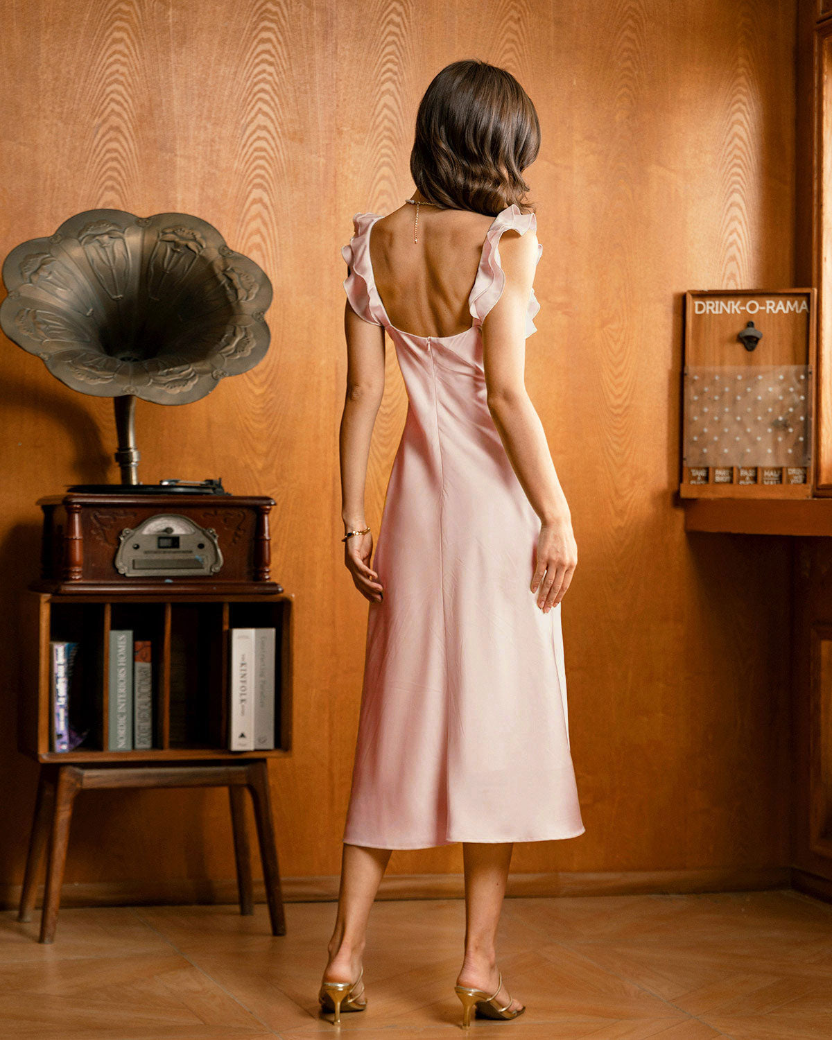 Pink Square Neck Ruffle Satin Midi Dress