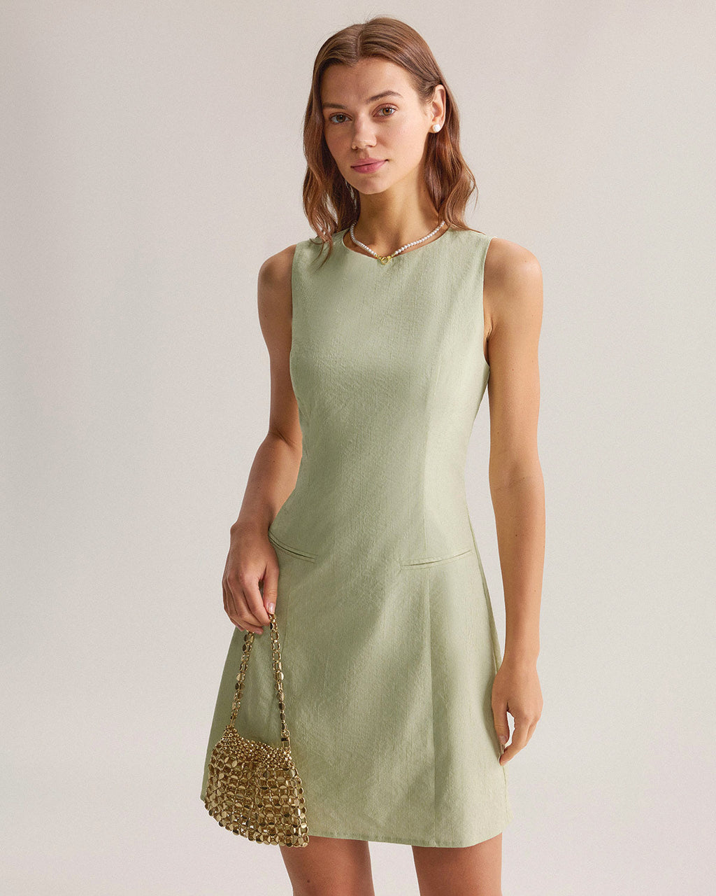 Green Boat Neck Sleeveless Mini Dress