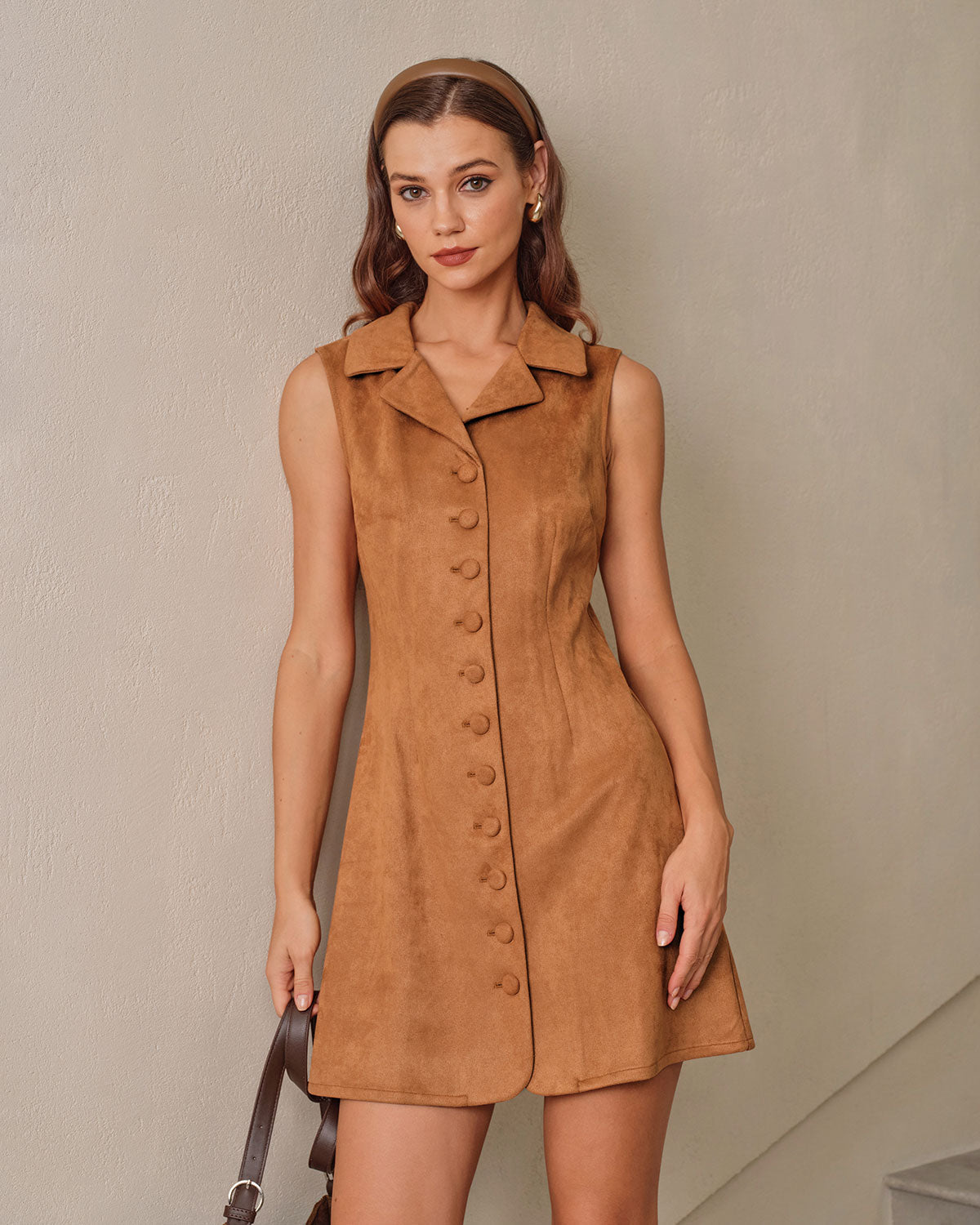 Caramel Suede A-Line Sleeveless Mini Dress