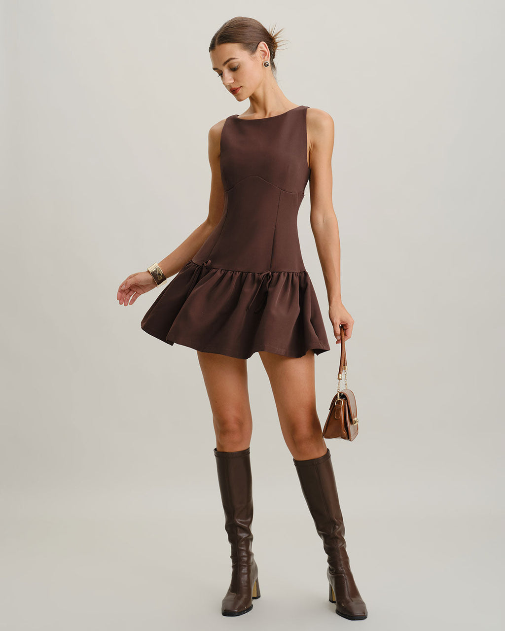 Coffee Round Neck Pleated Mini Dress