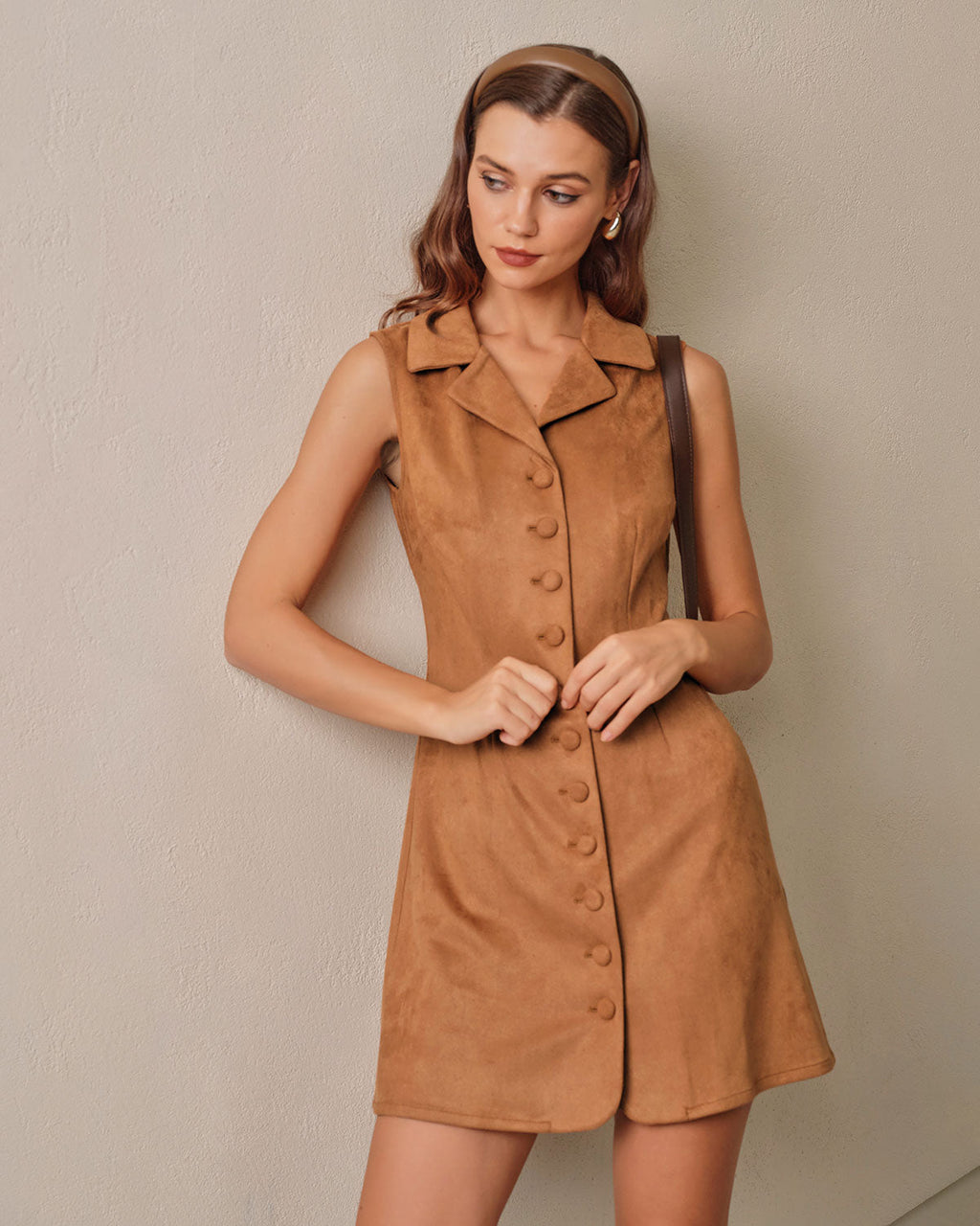 Caramel Suede A-Line Sleeveless Mini Dress