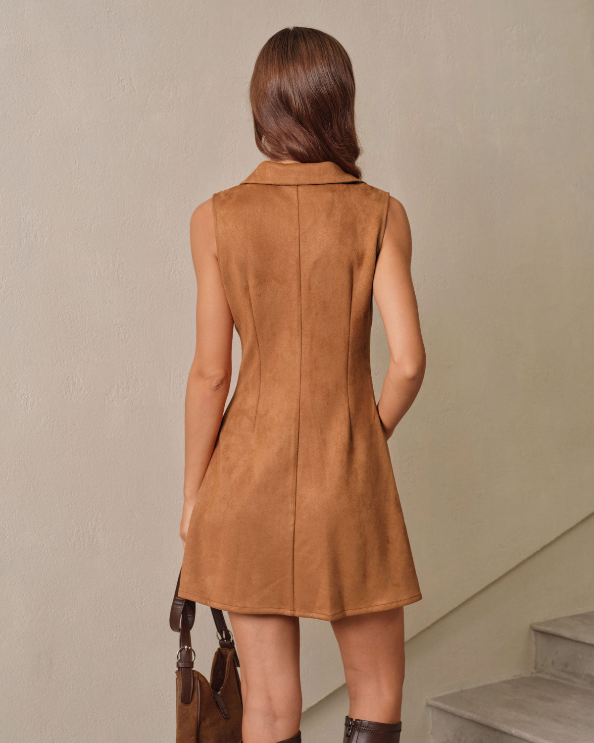 Caramel Suede A-Line Sleeveless Mini Dress