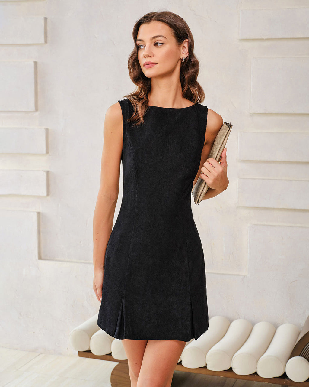 Black Boat Neck Corduroy Sleeveless Mini Dress