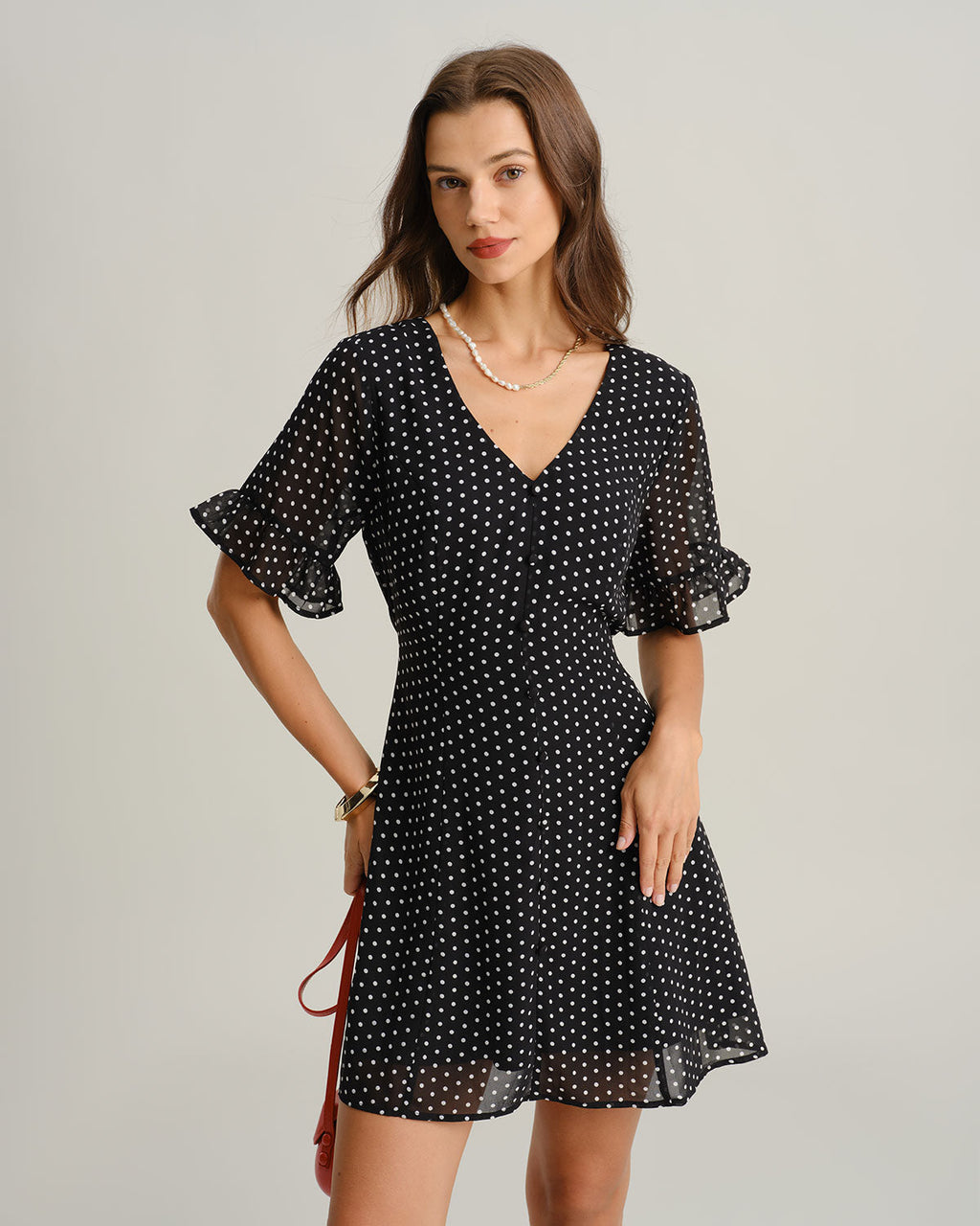 Black Polka Dot V Neck Ruffle Mini Dress
