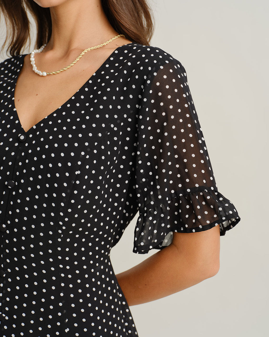 Black Polka Dot V Neck Ruffle Mini Dress