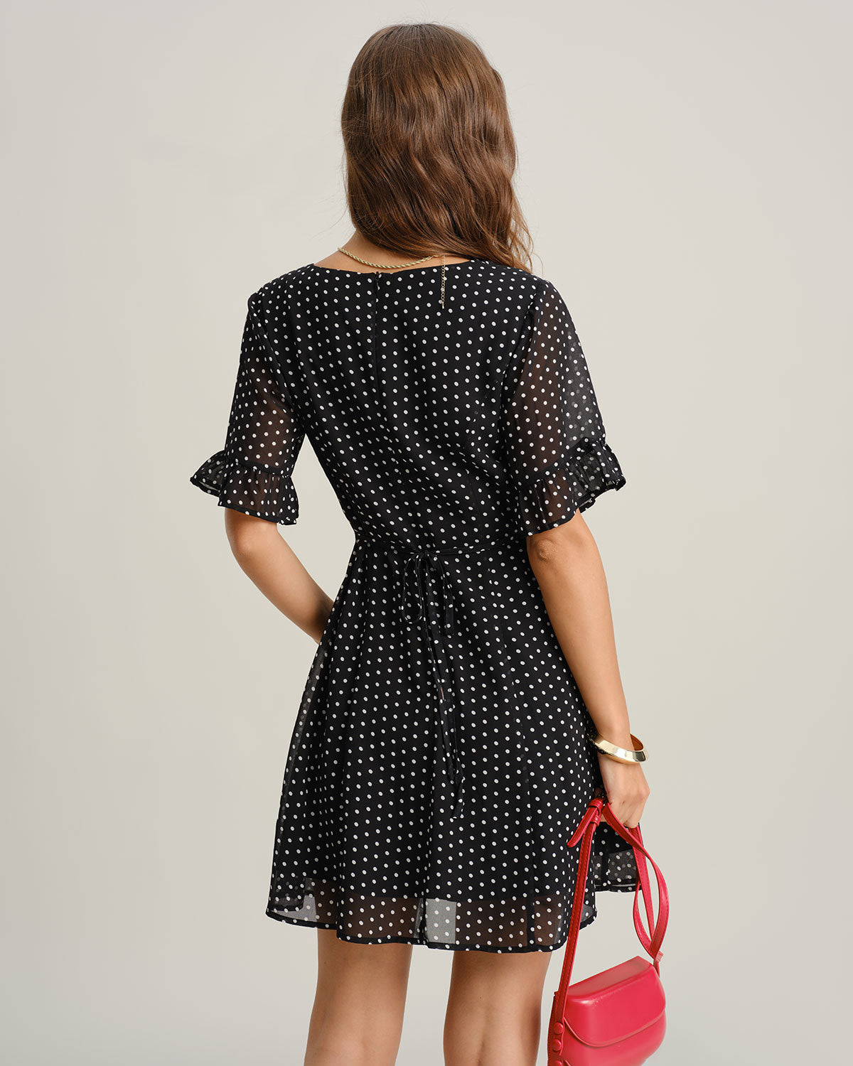 Black Polka Dot V Neck Ruffle Mini Dress