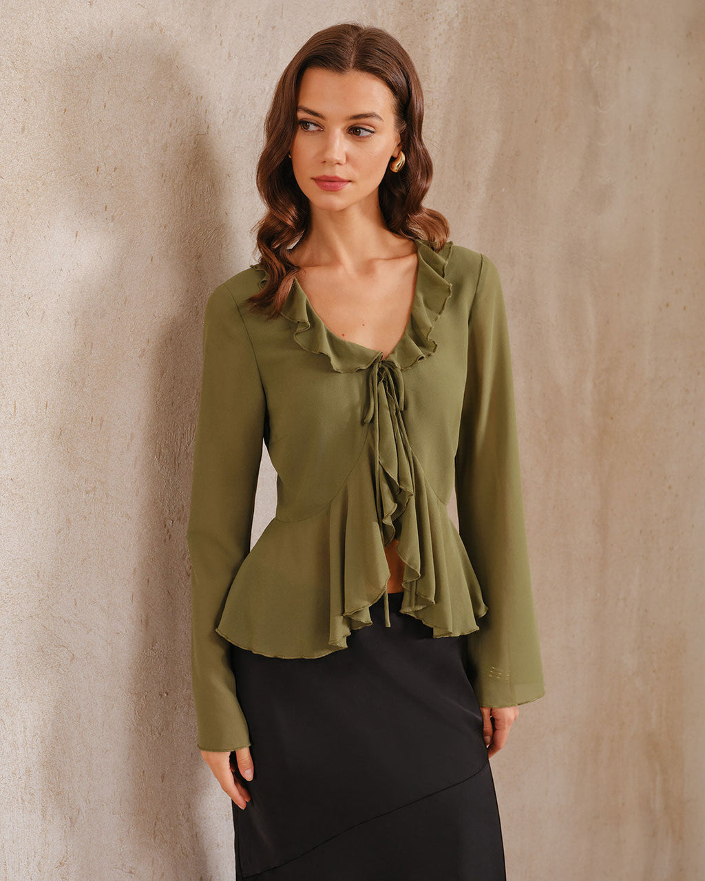 Green Chiffon Ruffle Bell Sleeve Blouse
