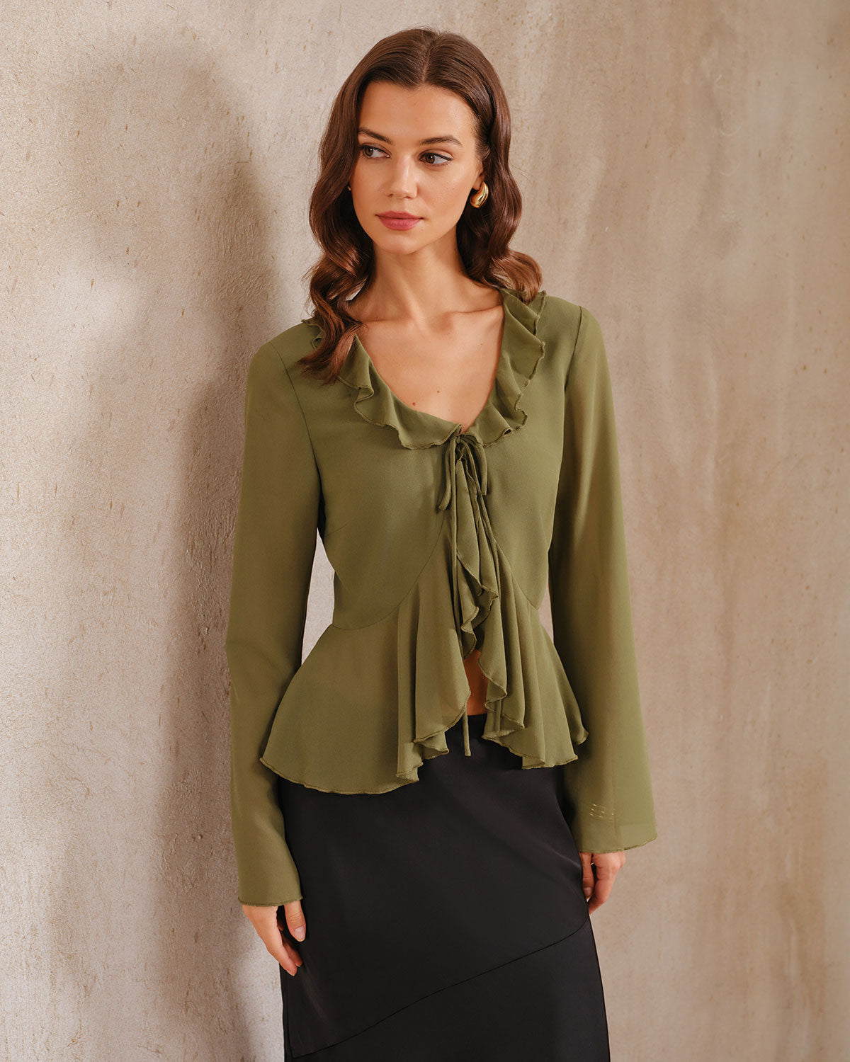 Green Chiffon Ruffle Bell Sleeve Blouse