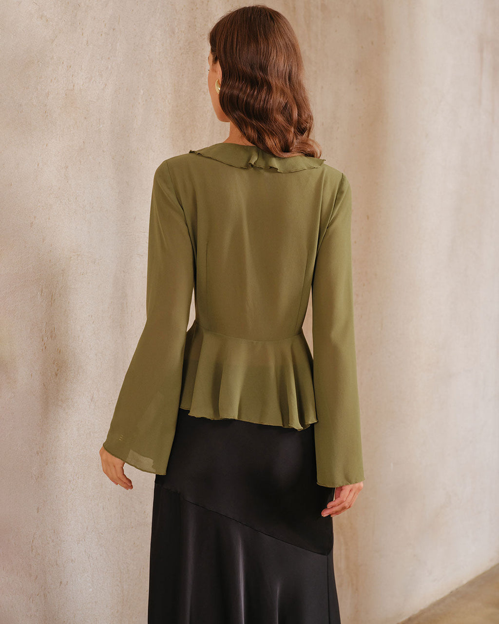 Green Chiffon Ruffle Bell Sleeve Blouse