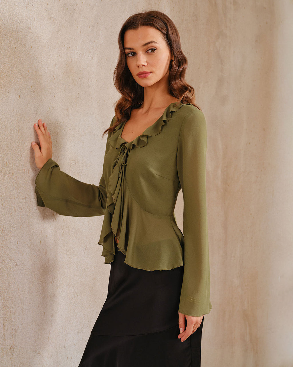 Green Chiffon Ruffle Bell Sleeve Blouse